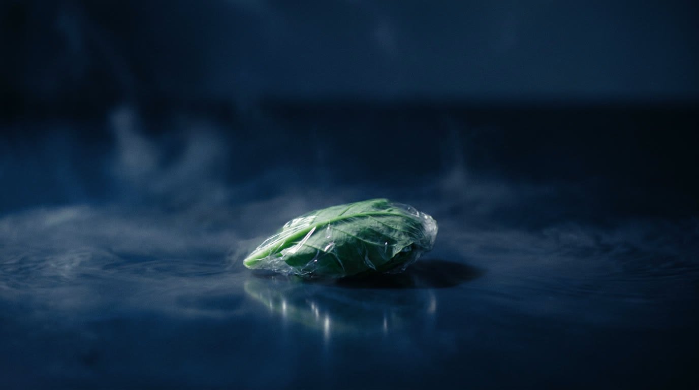Green leaf wrapped in clear packaging film